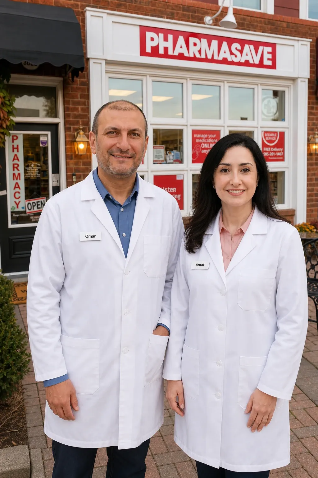 Amal and Omar in front of 2 Care Pharmacy at 2-3028 Bur Oak Ave